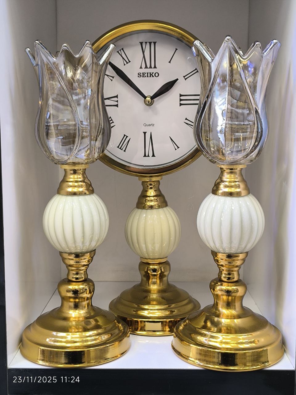 ساعت شمعدان فلزی طلایی ( عمده)